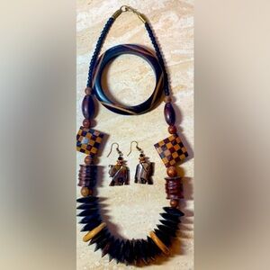 VINTAGE WOOD JEWELRY set, necklace, elephant earrings, bracelet. Multi-tone. VTG